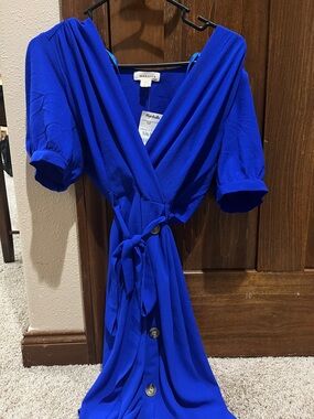 Monteau Royal Blue Midi Wrap Dress with Tie Waist
